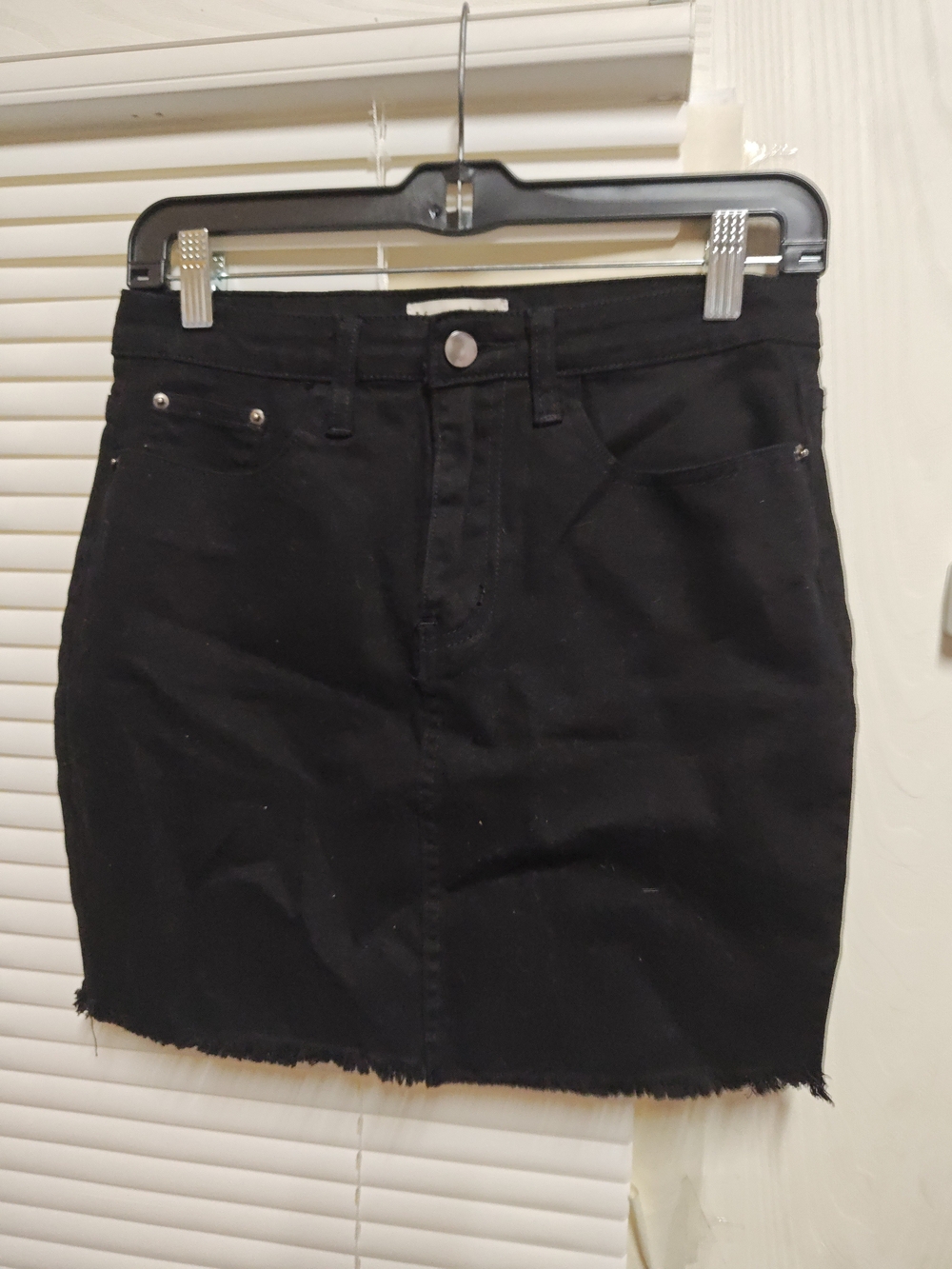 Black Denim Mini Skirt with Frayed Hem
